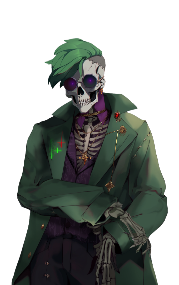 Illustration de Bastien, squelette aux cheveux verts et aux lunettes violettes, en manteau vert
