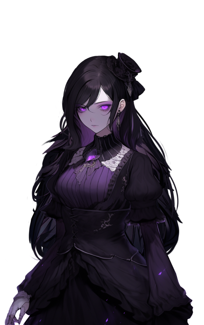 Illustration de Megan, jeune femme aux longs cheveux noirs et aux yeux violets, en robe gothique sombre
