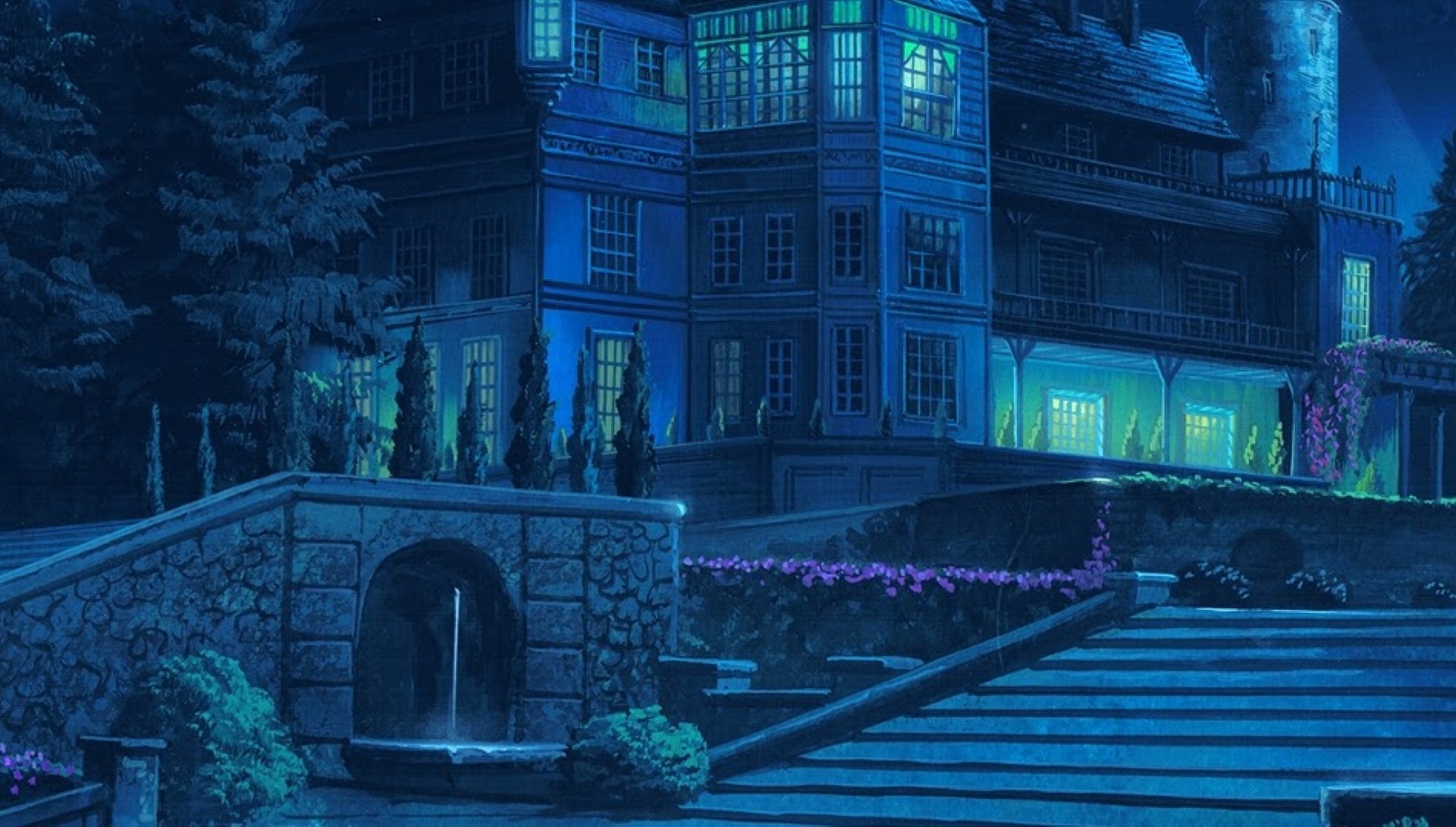 Illustration du manoir du baron de nuit, aux fenêtres éclairées, avec ses jardins en terrasses, son escalier de pierre et sa fontaine