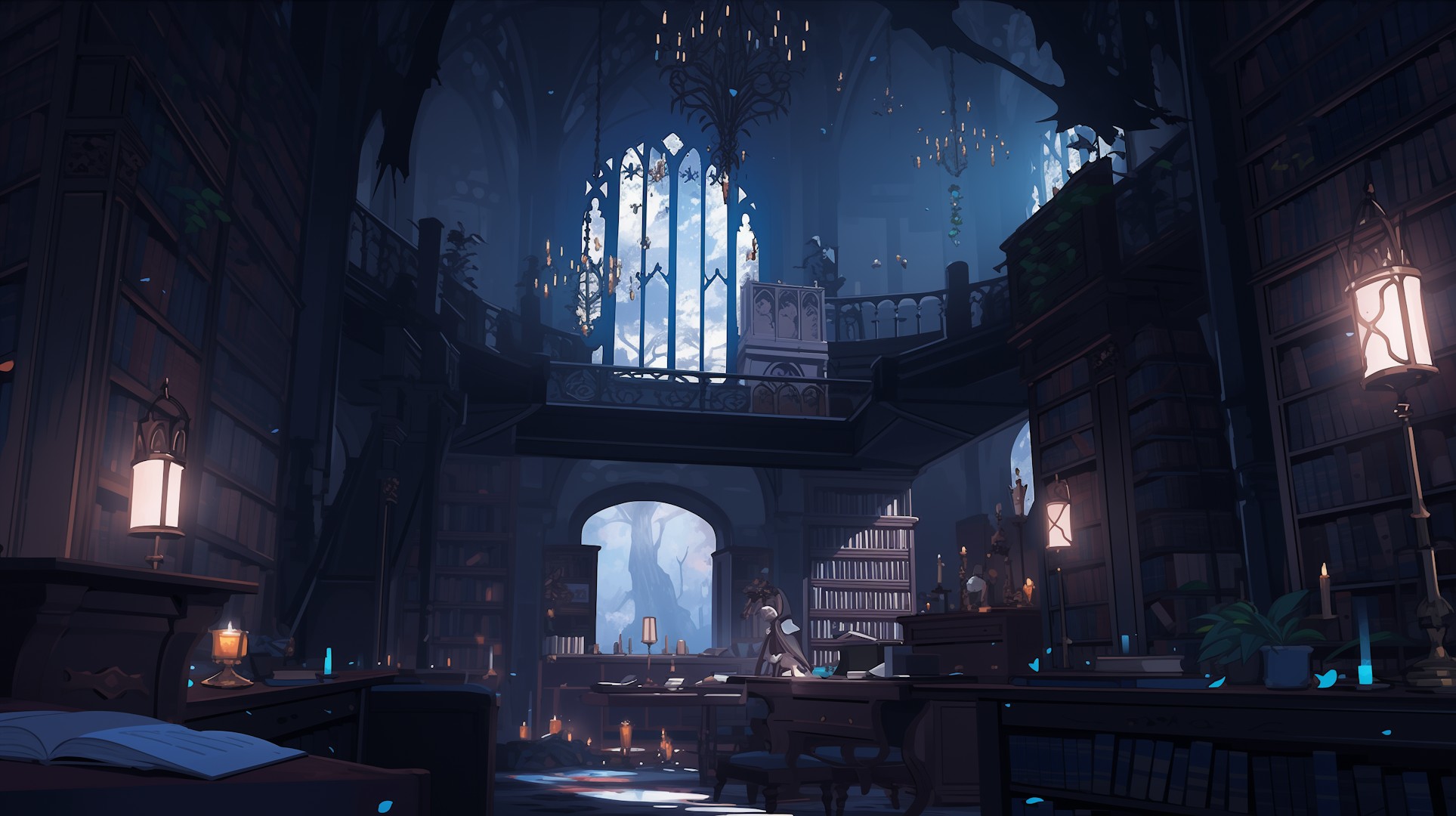 Illustration d’une grande bibliothèque gothique sombre, éclairée par un vitrail et des lanternes